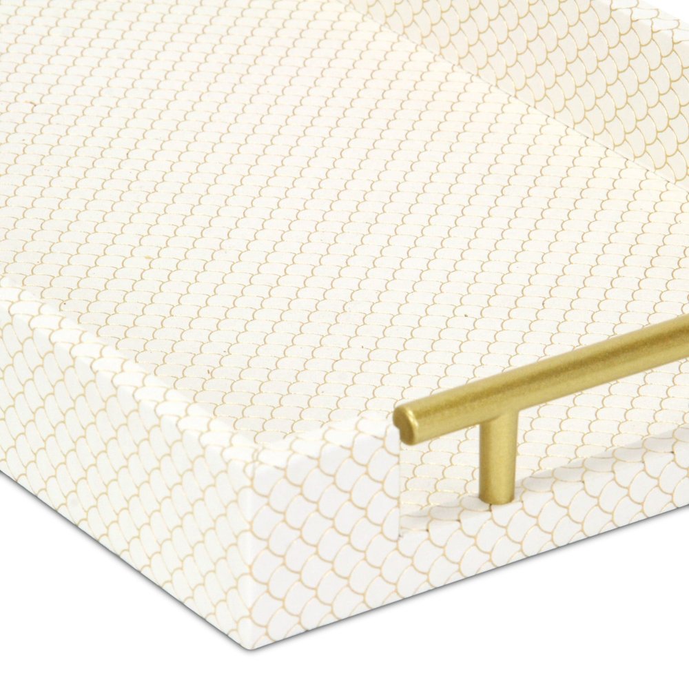 16" Ivory And Gold Geometric Print Handmade Serving Tray With Handles
