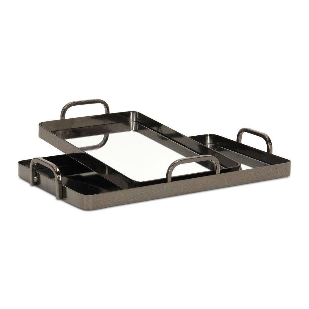 Juego de dos bandejas para servir hechas a mano de aluminio peltre y vidrio espejado