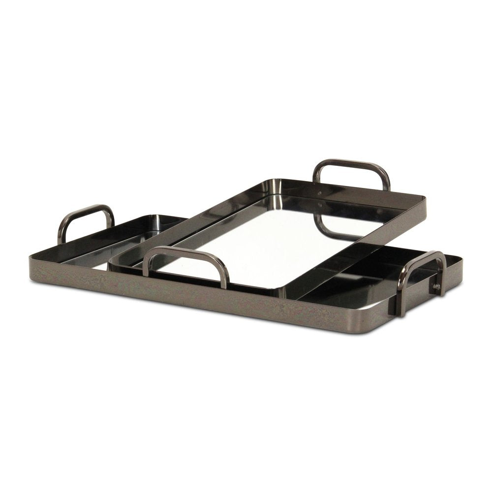 Juego de dos bandejas para servir hechas a mano de aluminio peltre y vidrio espejado