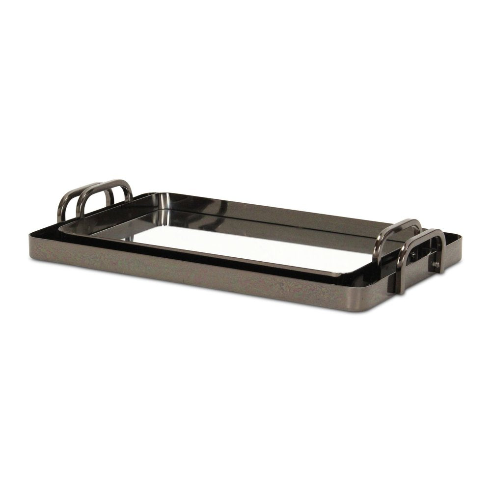 Juego de dos bandejas para servir hechas a mano de aluminio peltre y vidrio espejado