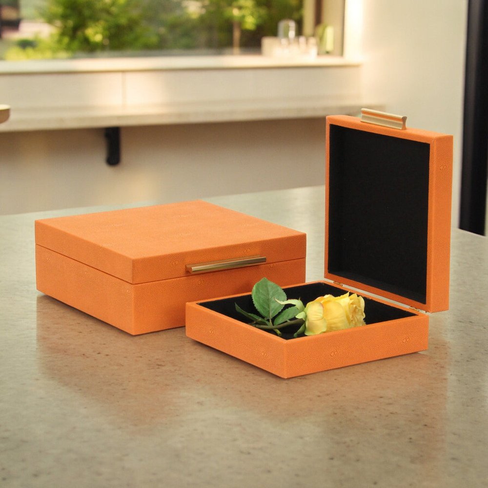 Set Of Two Orange Faux Shagreen Jewelry Boxes With Decorative Hardware