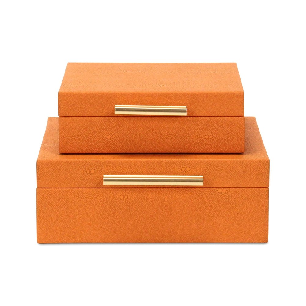 Set Of Two Orange Faux Shagreen Jewelry Boxes With Decorative Hardware