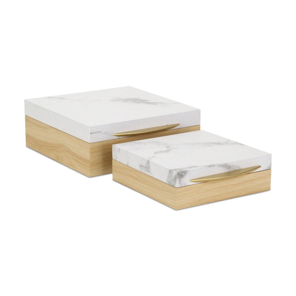 Set Of Two Natural And White Faux Marble And Wood Jewelry Box