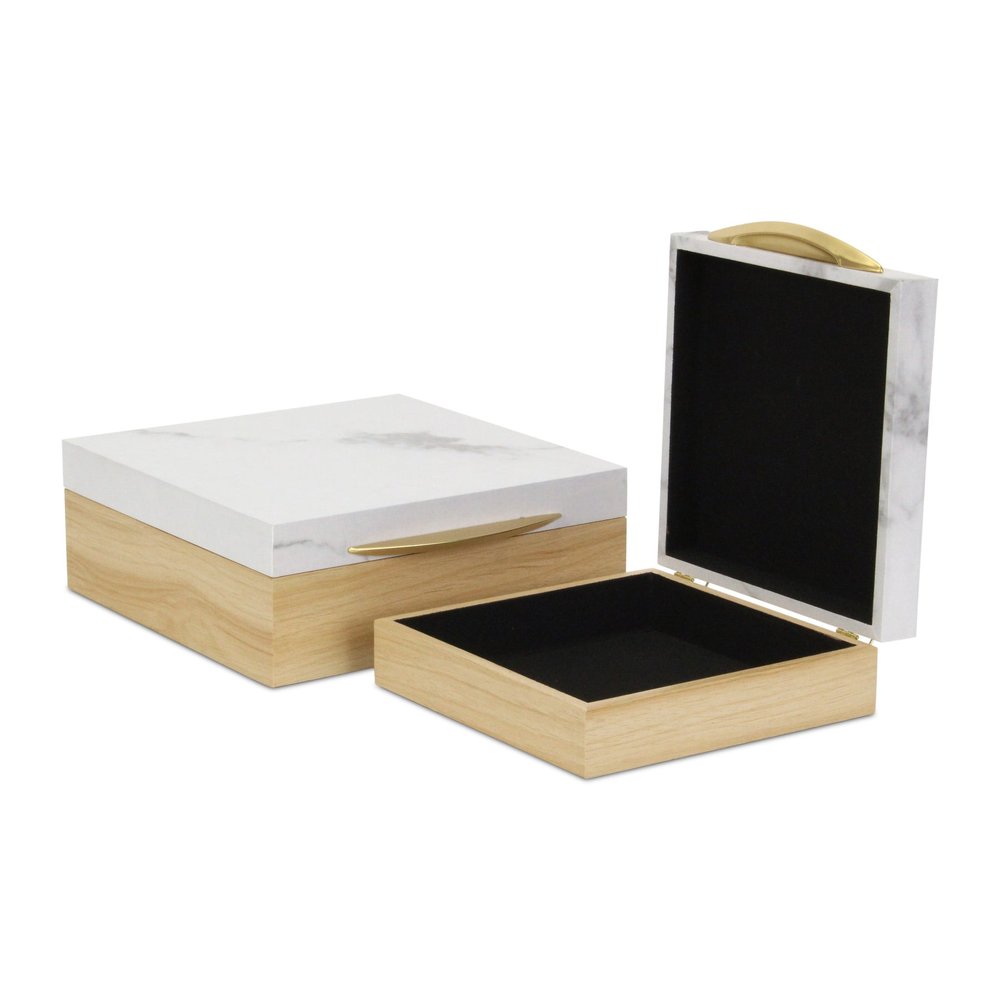 Set Of Two Natural And White Faux Marble And Wood Jewelry Box