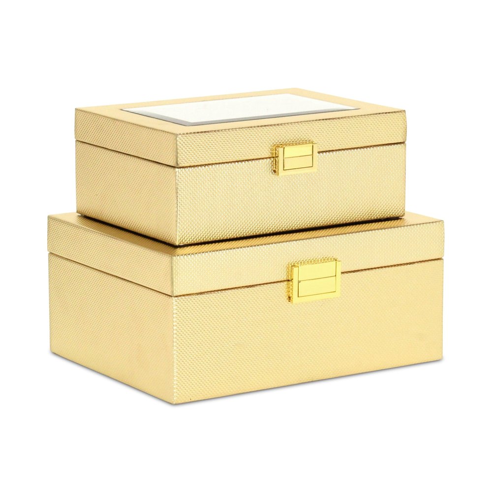 Set Of Two Gold Faux Leather And Mirrored Glass Jewelry Boxes