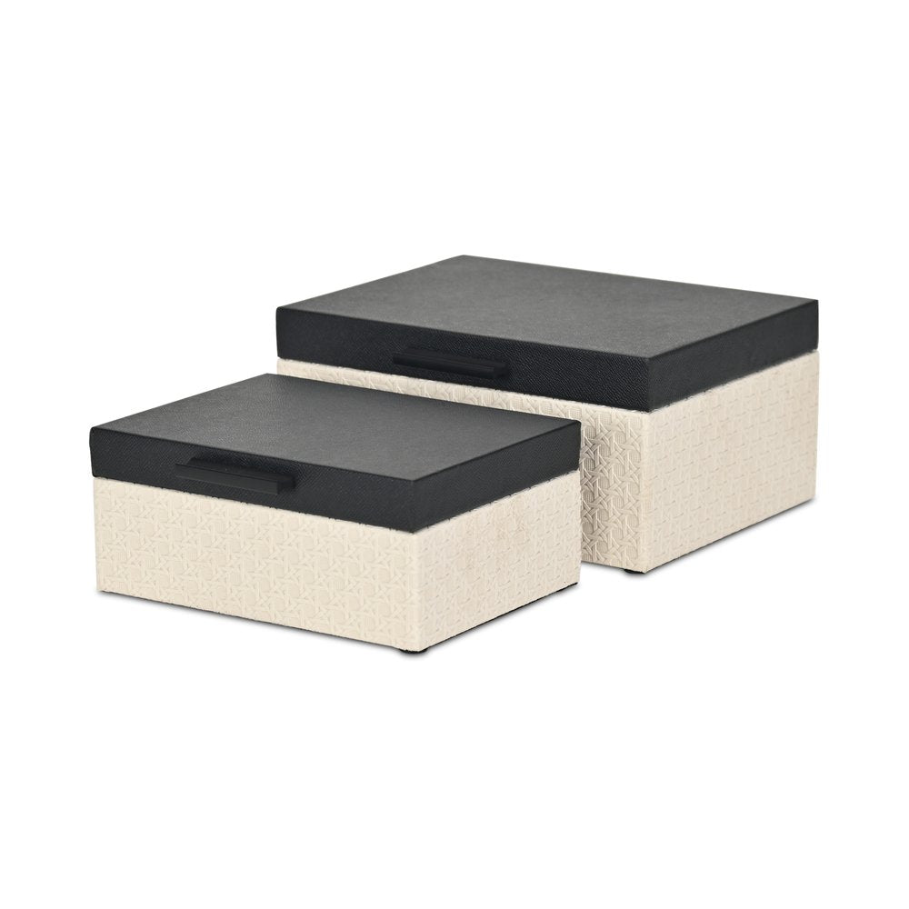 Set Of Two Black And Cream Faux Shagreen And Faux Wicker Jewelry Boxes