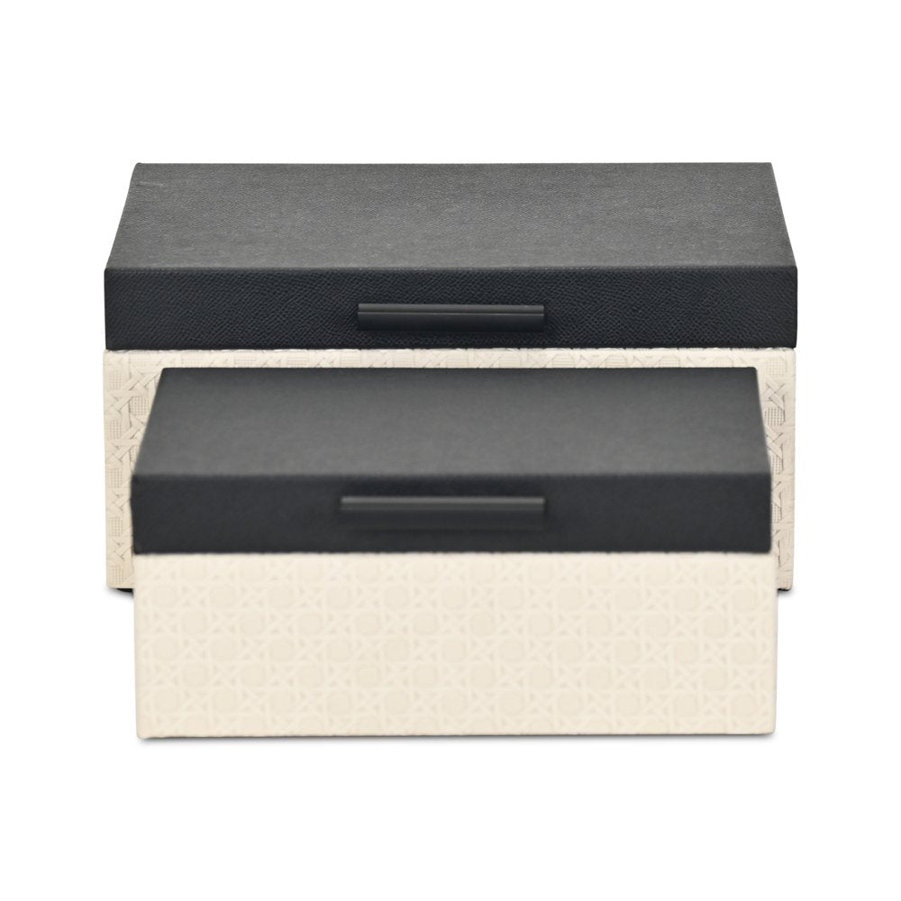 Set Of Two Black And Cream Faux Shagreen And Faux Wicker Jewelry Boxes