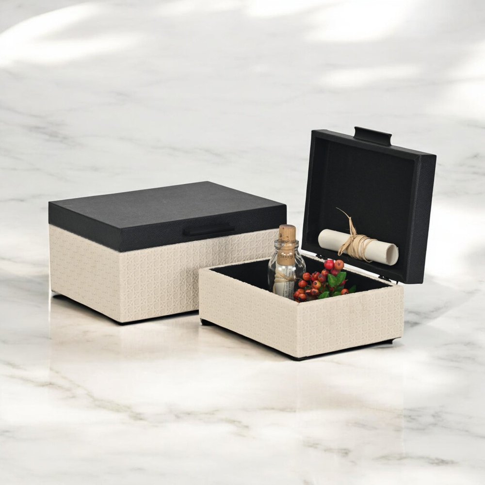 Set Of Two Black And Cream Faux Shagreen And Faux Wicker Jewelry Boxes