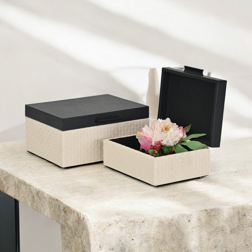 Set Of Two Black And Cream Faux Shagreen And Faux Wicker Jewelry Boxes