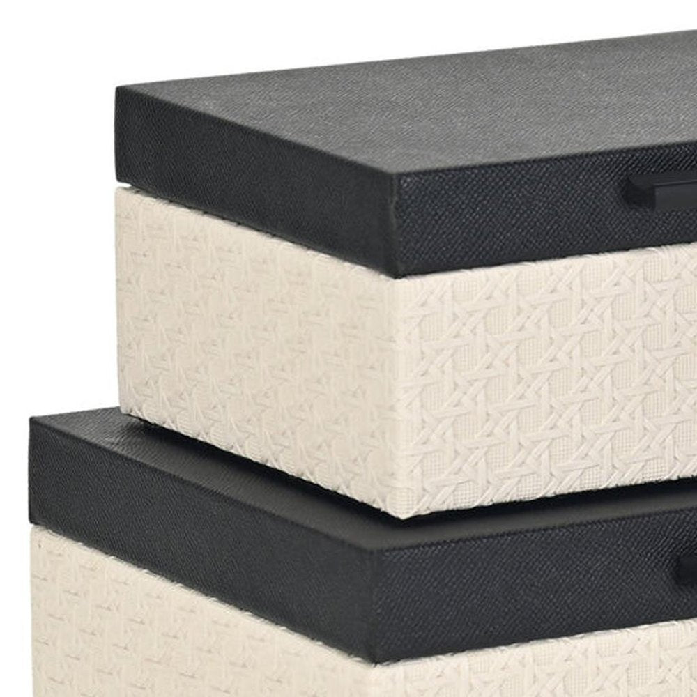 Set Of Two Black And Cream Faux Shagreen And Faux Wicker Jewelry Boxes