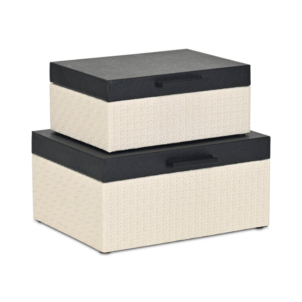 Set Of Two Black And Cream Faux Shagreen And Faux Wicker Jewelry Boxes