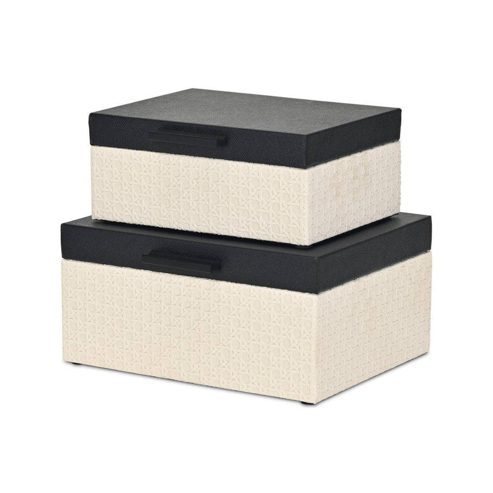 Set Of Two Black And Cream Faux Shagreen And Faux Wicker Jewelry Boxes