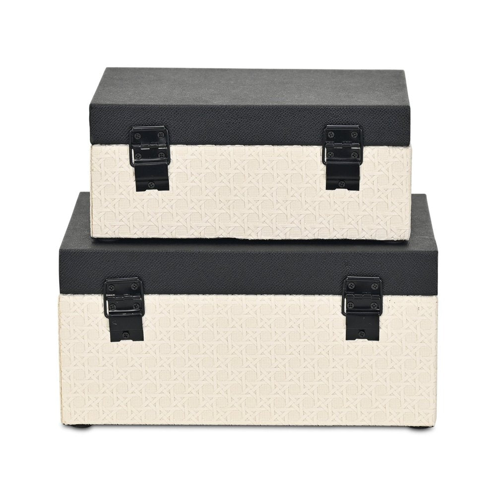 Set Of Two Black And Cream Faux Shagreen And Faux Wicker Jewelry Boxes