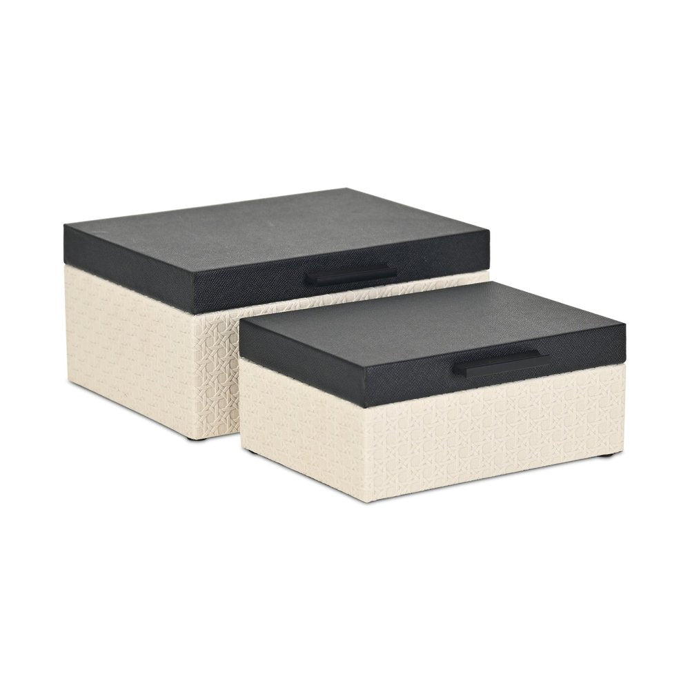 Set Of Two Black And Cream Faux Shagreen And Faux Wicker Jewelry Boxes