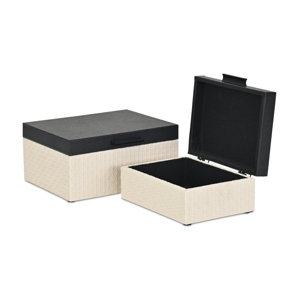 Set Of Two Black And Cream Faux Shagreen And Faux Wicker Jewelry Boxes