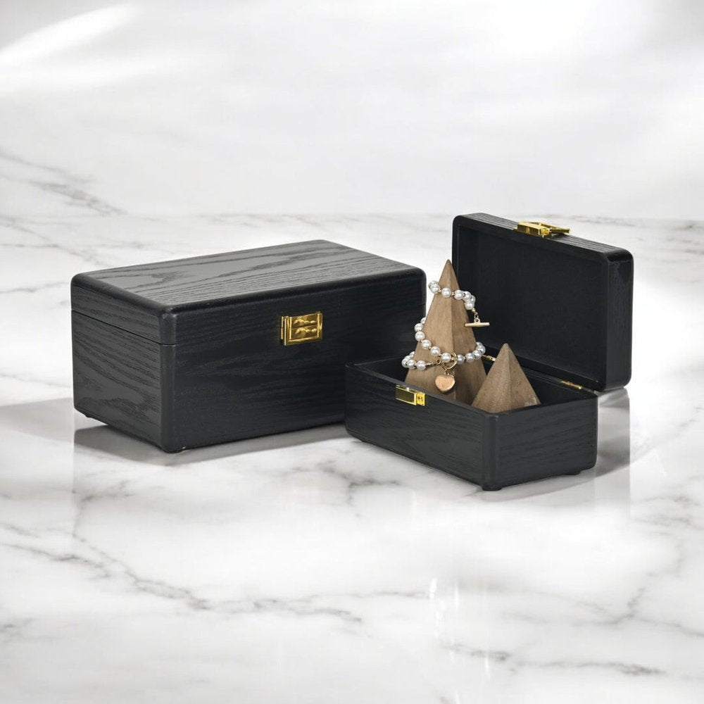 Set Of Two Black Solid Wood Jewelry Box