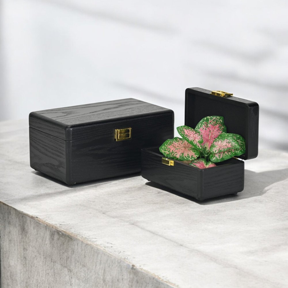 Set Of Two Black Solid Wood Jewelry Box