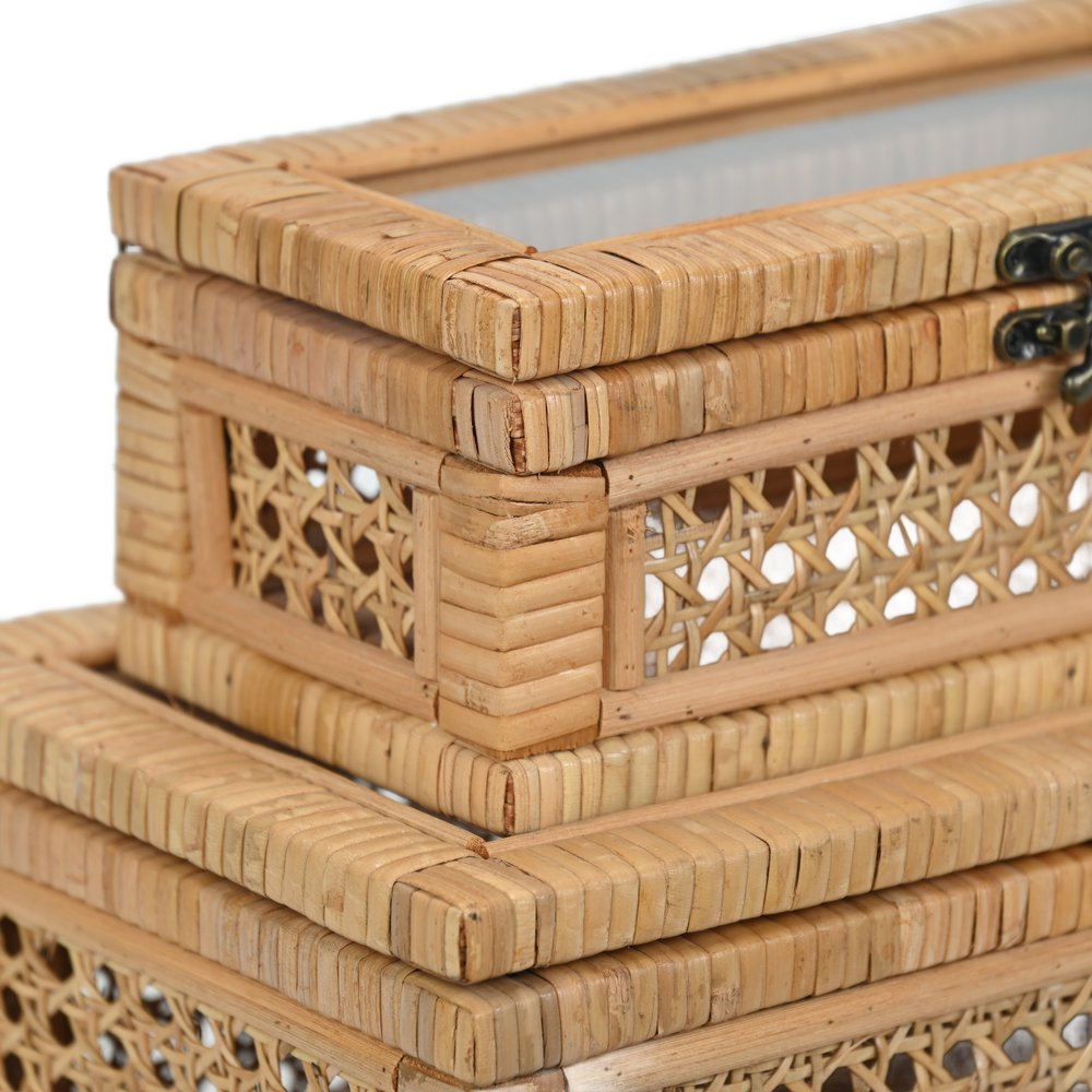 Set Of Two Natural Wood Rattan And Glass Jewelry Boxes