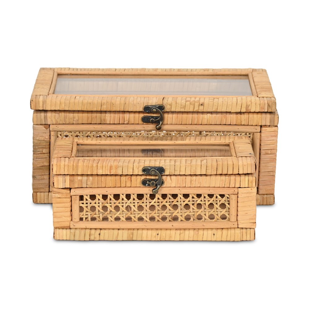Set Of Two Natural Wood Rattan And Glass Jewelry Boxes