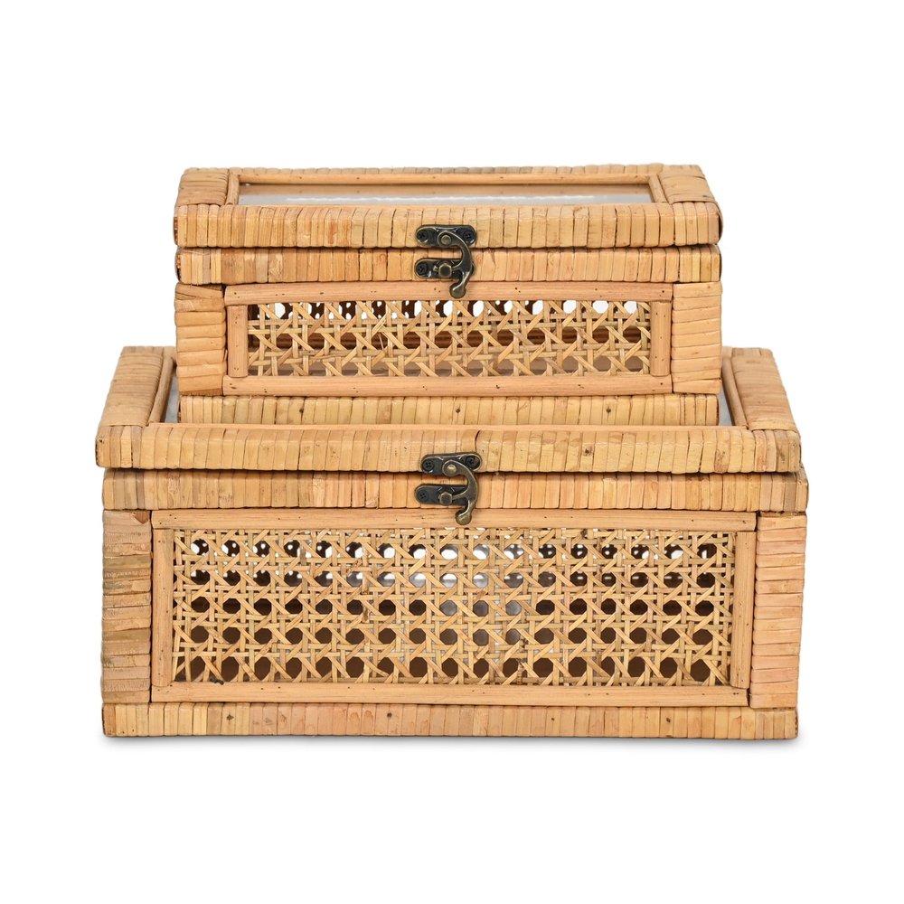 Set Of Two Natural Wood Rattan And Glass Jewelry Boxes