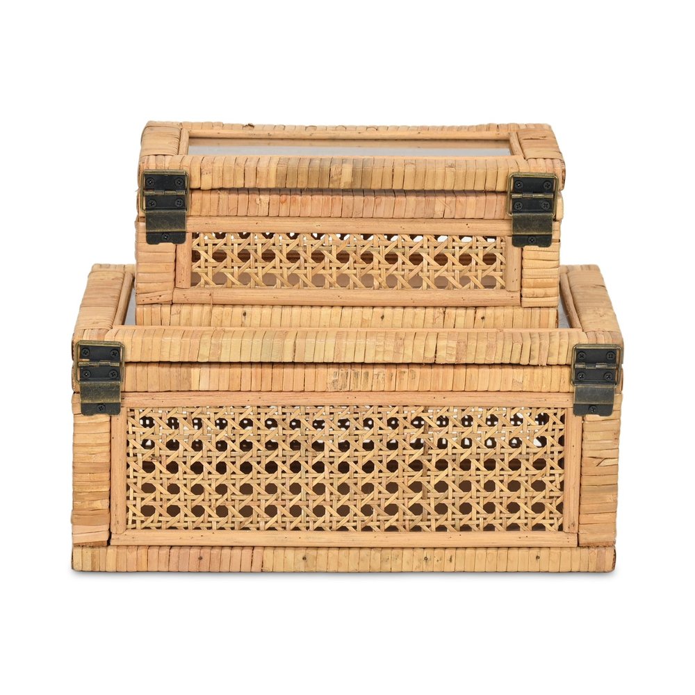 Set Of Two Natural Wood Rattan And Glass Jewelry Boxes