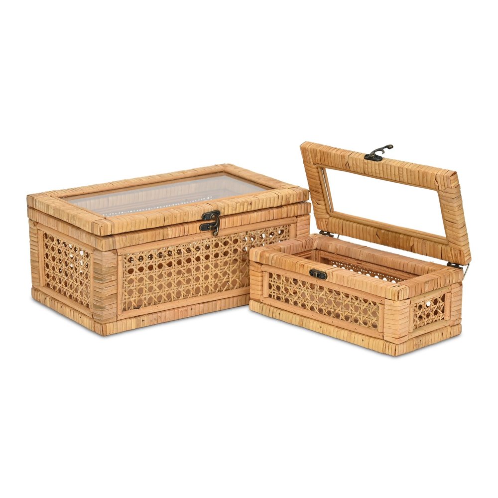 Set Of Two Natural Wood Rattan And Glass Jewelry Boxes
