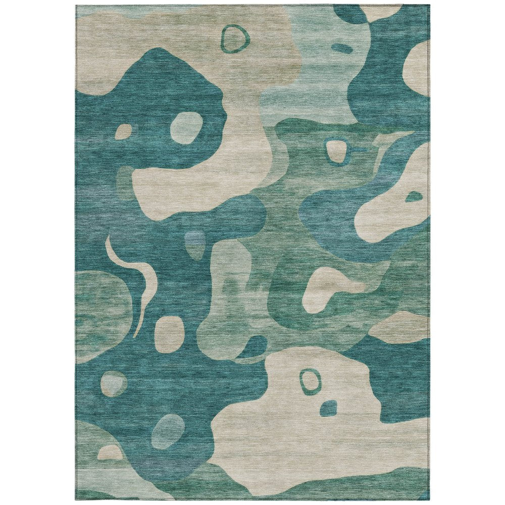 9' X 12' Teal Blue Ivory And Beige Abstract Washable Indoor Outdoor Area Rug