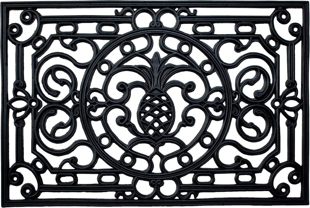 24" X 36" Black Pineapple And Scrollwork Outdoor Rubber Door Mat