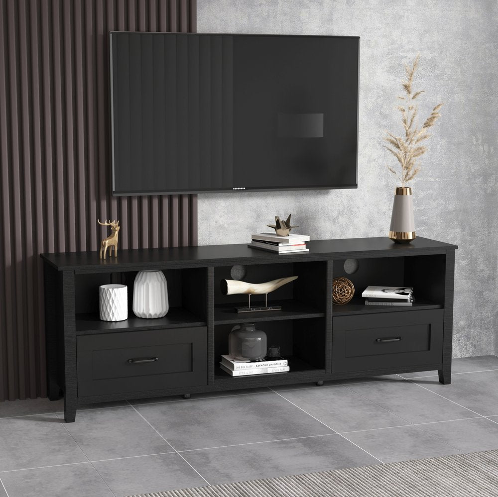 70" Black Wood Enclosed and Open Storage TV Stand