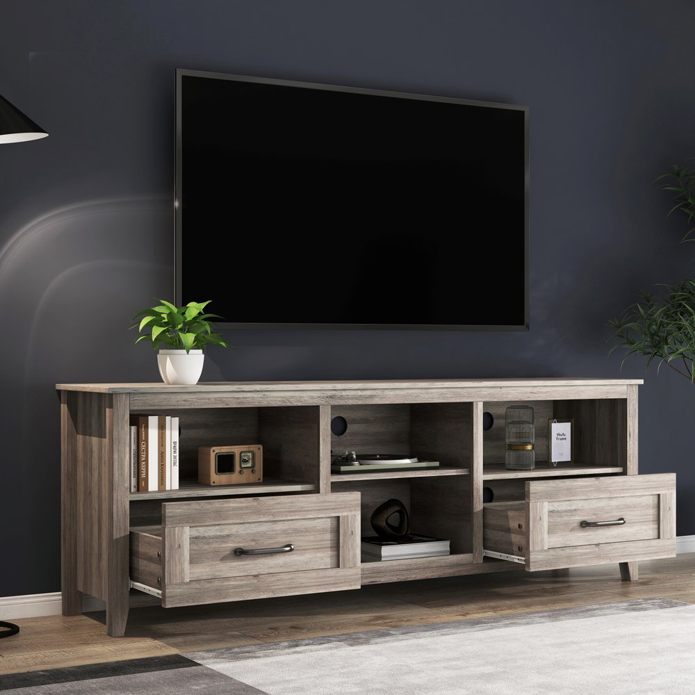 70" Gray Wood Enclosed and Open Storage TV Stand