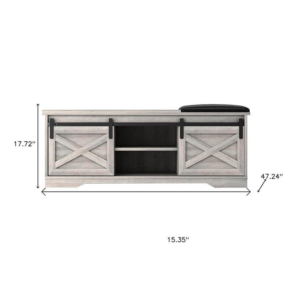 47" Gray And Black Wood And Faux Leather Storage Bench with Shelves
