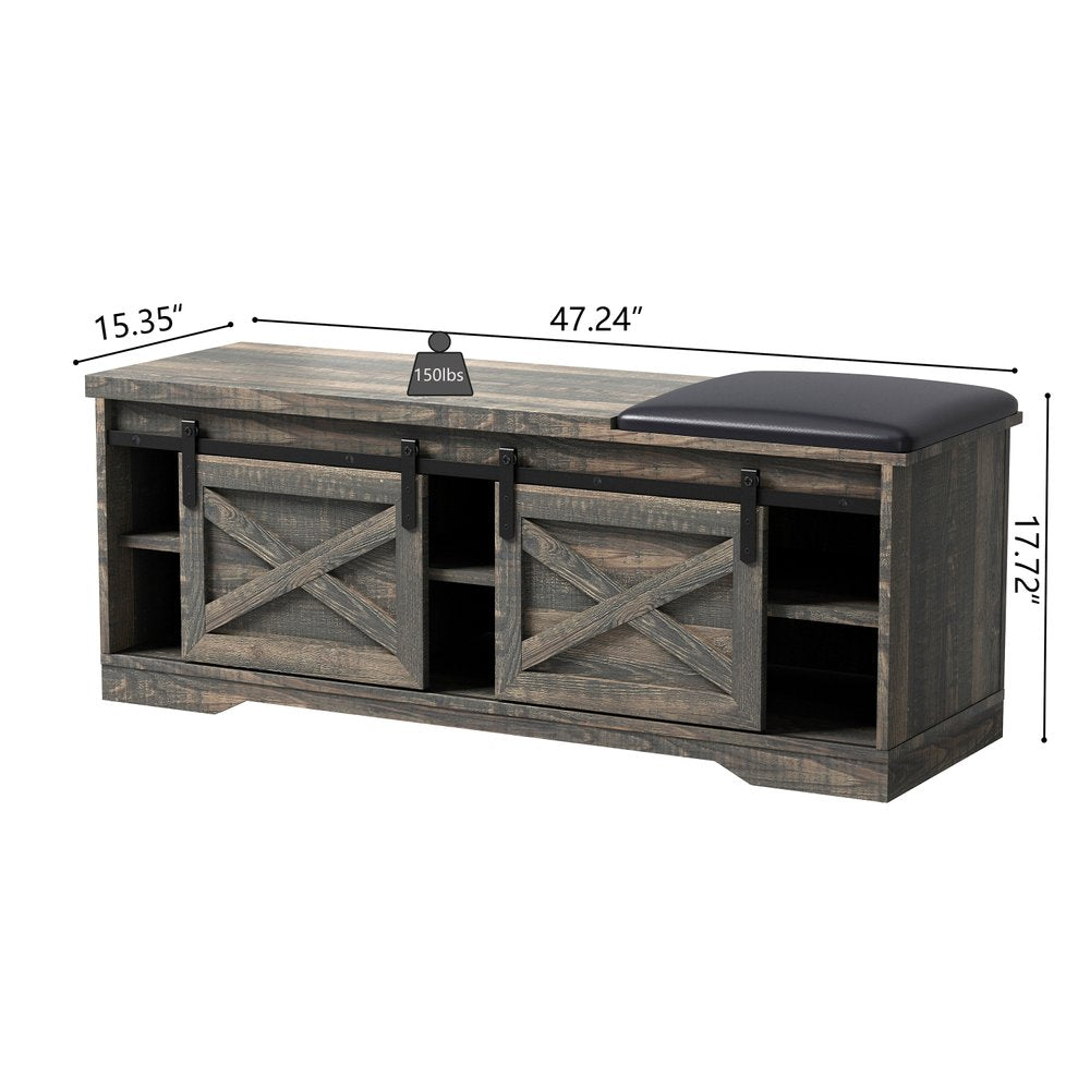 47" Black and Dark Brown Faux Leather and Wood Bench with Shoe Storage And Shelves