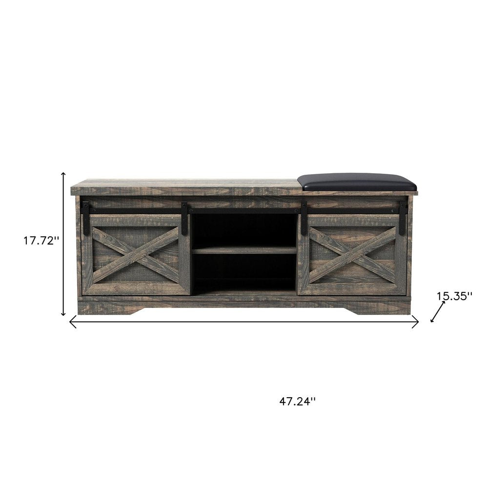 47" Black and Dark Brown Faux Leather and Wood Bench with Shoe Storage And Shelves
