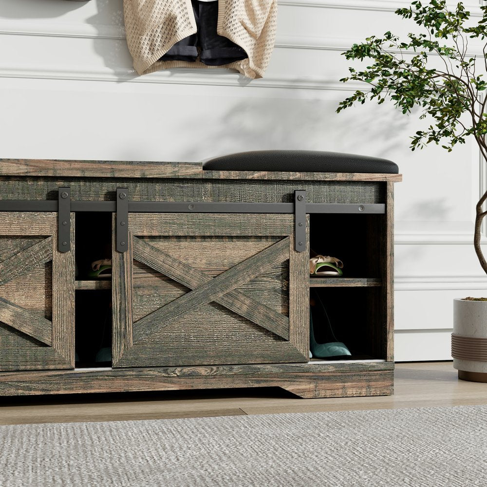 47" Black and Dark Brown Faux Leather and Wood Bench with Shoe Storage And Shelves