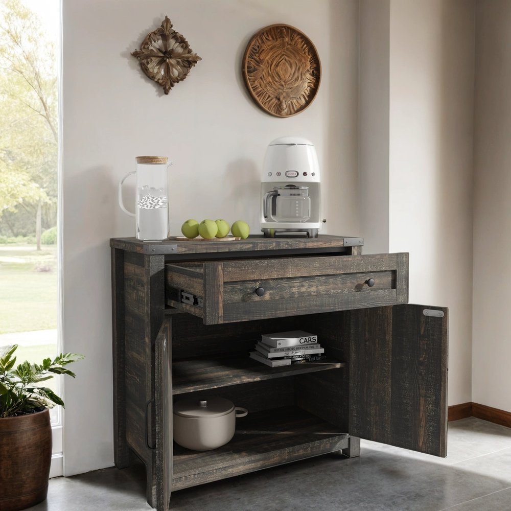 Gabinete decorativo de madera marrón claro de 32" con dos puertas y un cajón