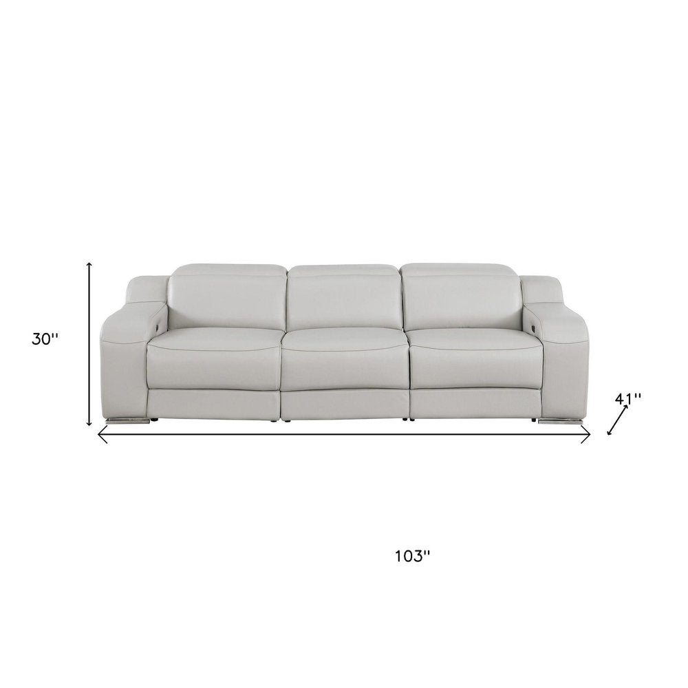 103" Light Gray Italian Leather Reclining USB Sofa