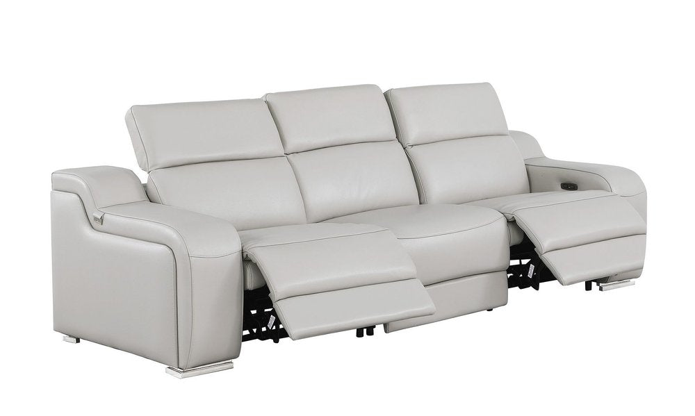 103" Light Gray Italian Leather Reclining USB Sofa