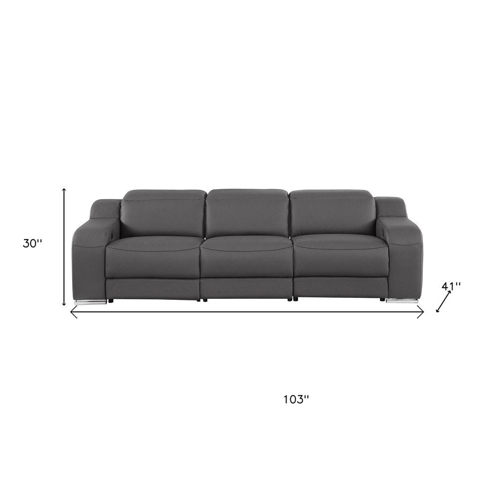 103" Light Gray Italian Leather Reclining USB Sofa