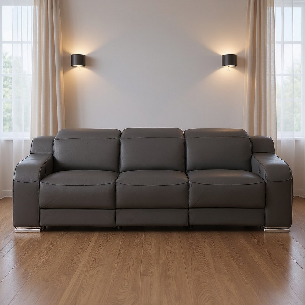 103" Light Gray Italian Leather Reclining USB Sofa