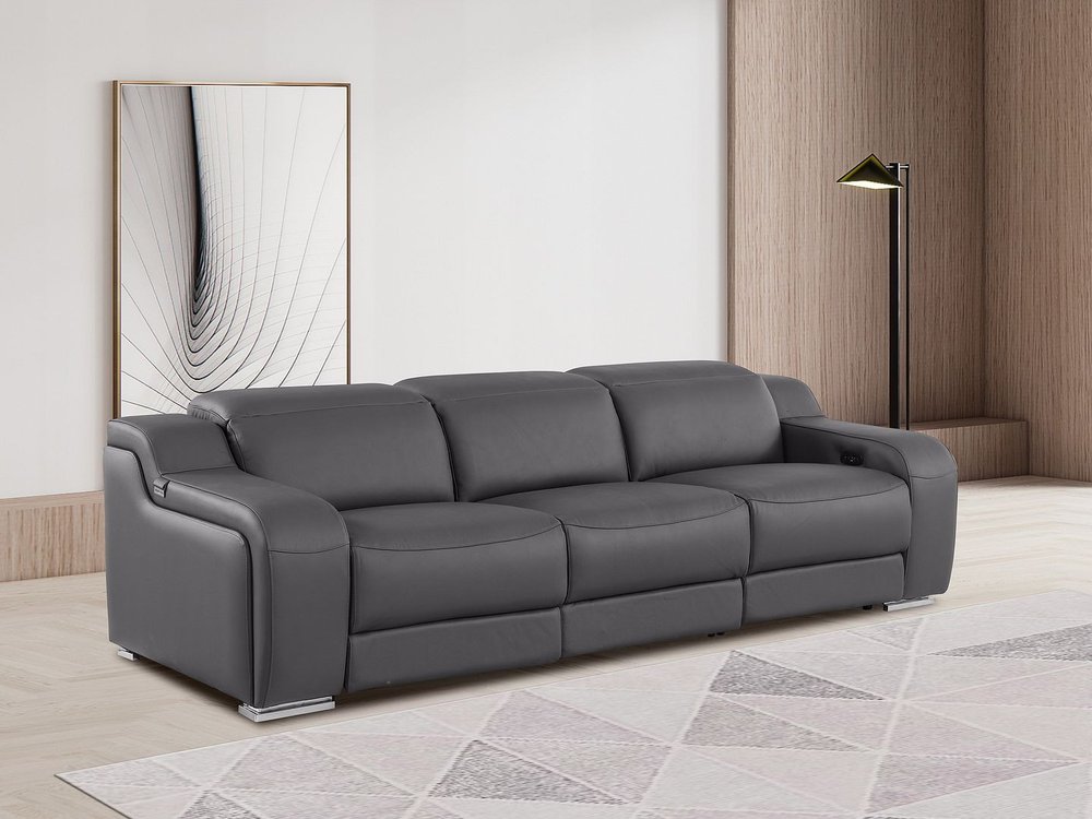 103" Light Gray Italian Leather Reclining USB Sofa