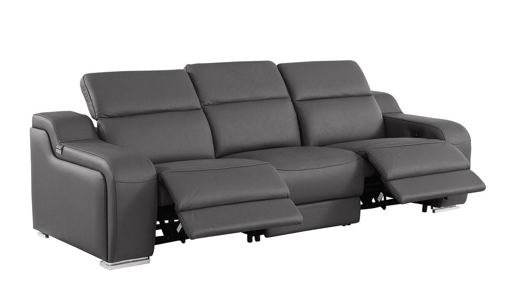 103" Light Gray Italian Leather Reclining USB Sofa