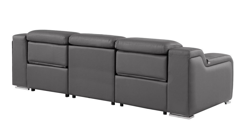103" Light Gray Italian Leather Reclining USB Sofa