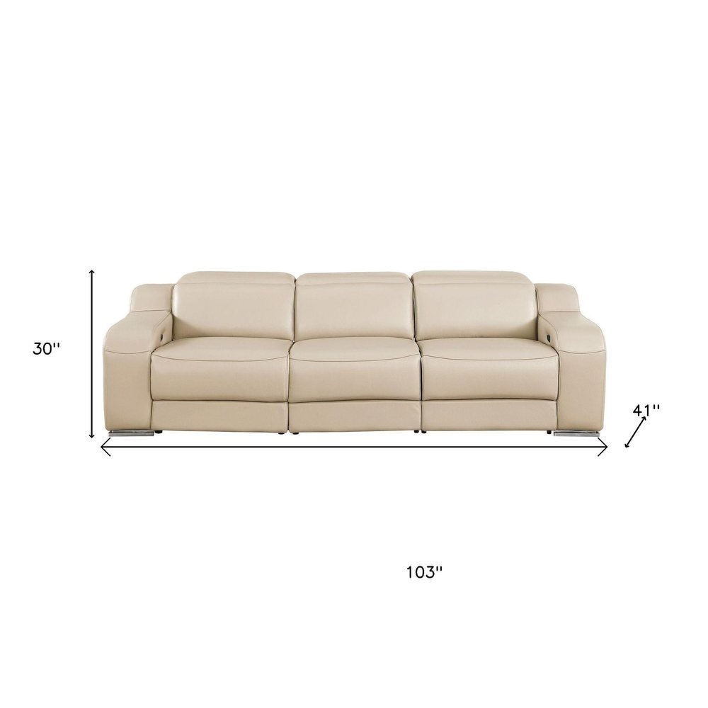 103" Light Gray Italian Leather Reclining USB Sofa