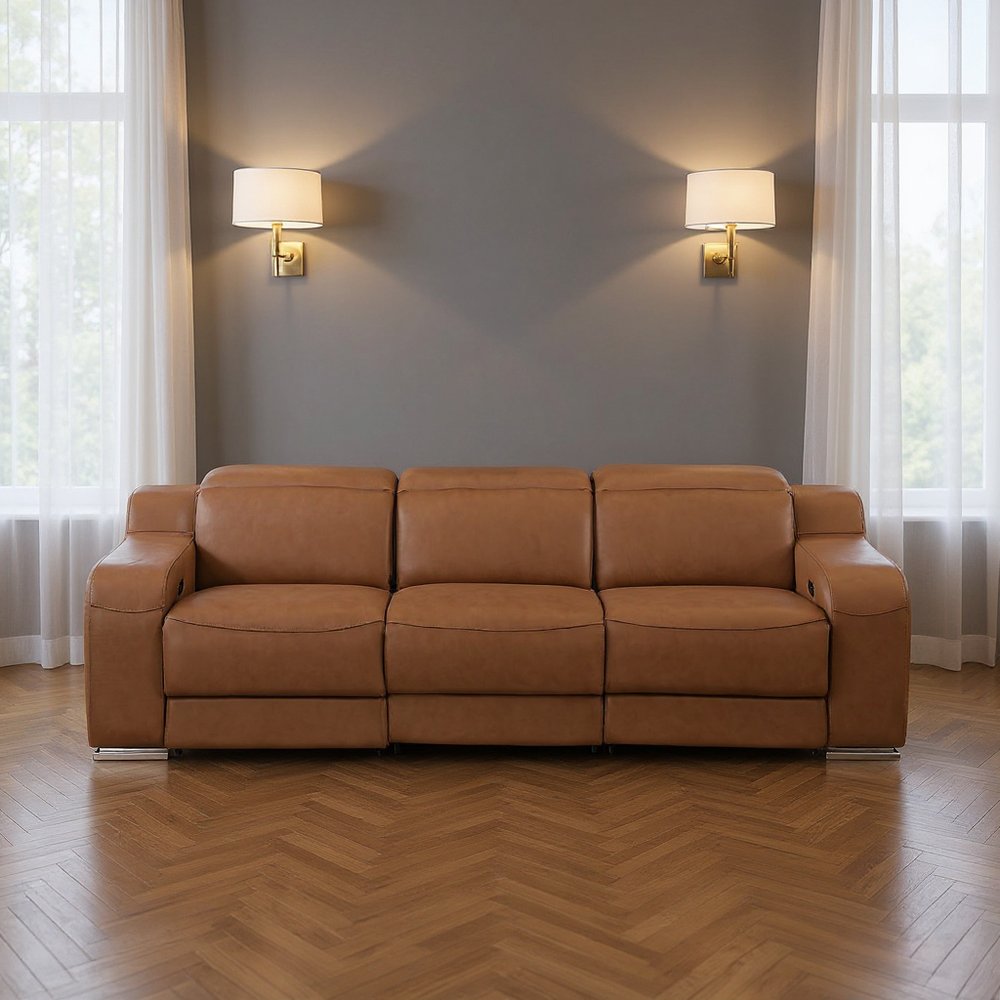 103" Light Gray Italian Leather Reclining USB Sofa
