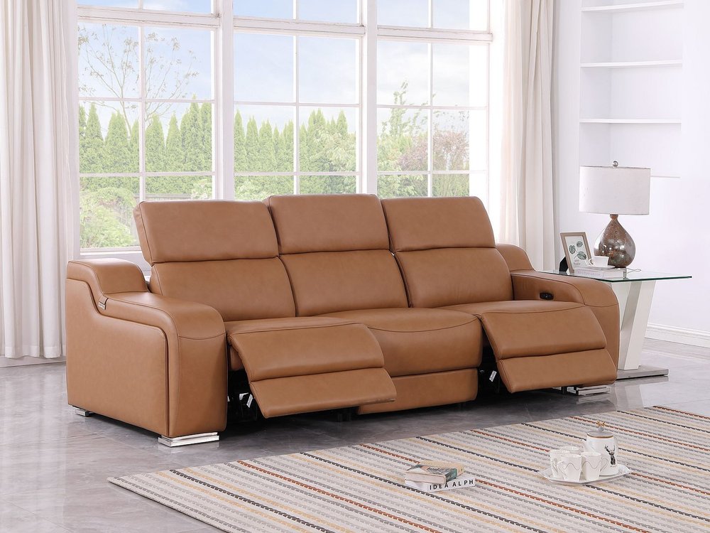 103" Light Gray Italian Leather Reclining USB Sofa