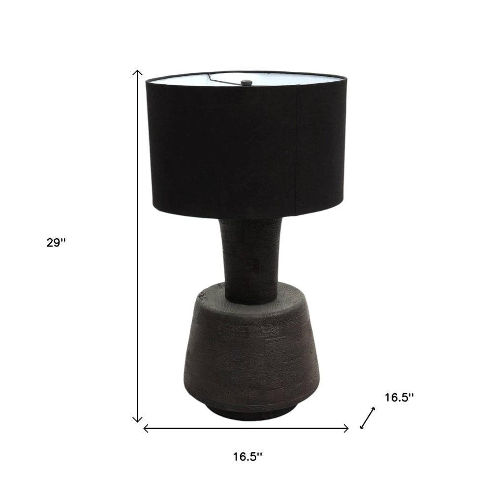 29" Distressed Black Solid Wood Urn Table Lamp With Black Drum Shade