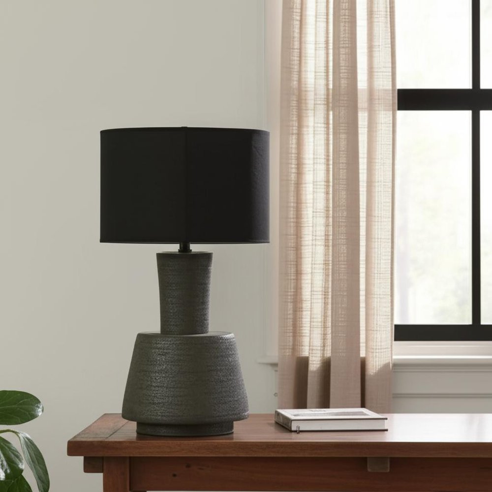 29" Distressed Black Solid Wood Urn Table Lamp With Black Drum Shade