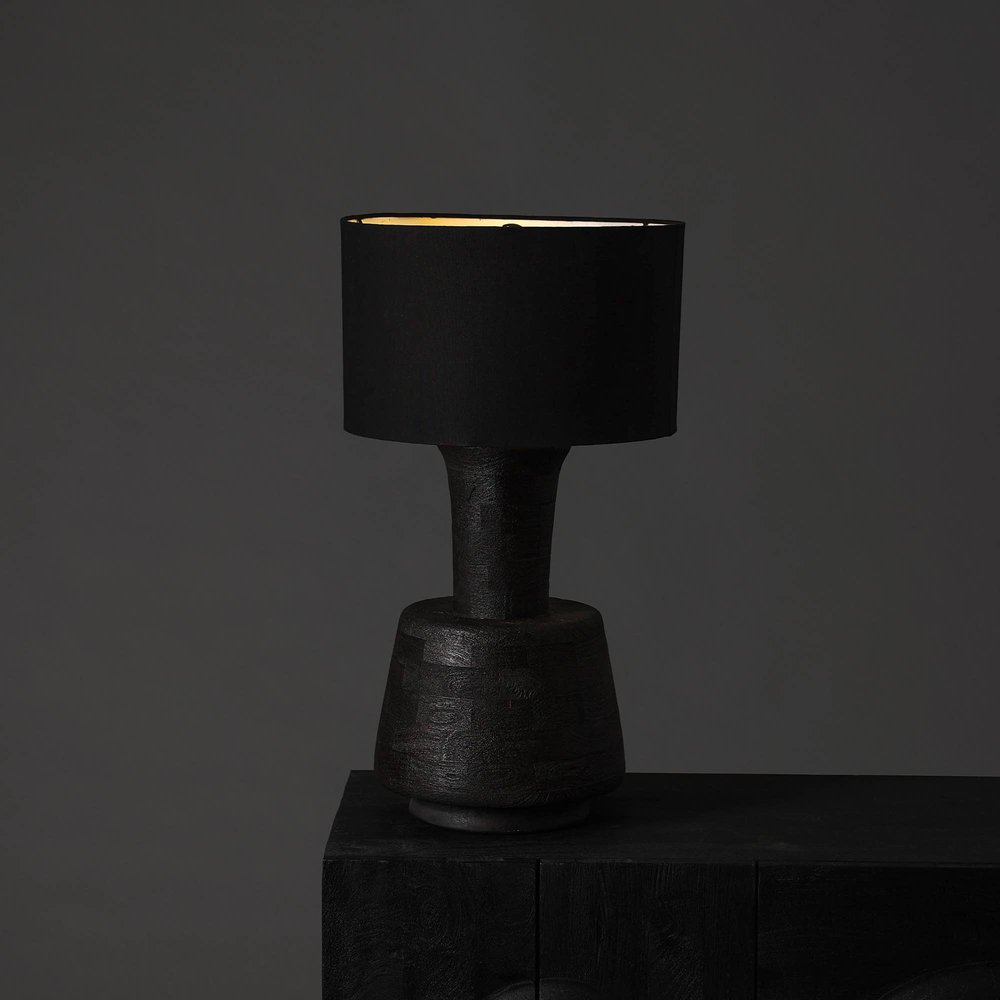 29" Distressed Black Solid Wood Urn Table Lamp With Black Drum Shade