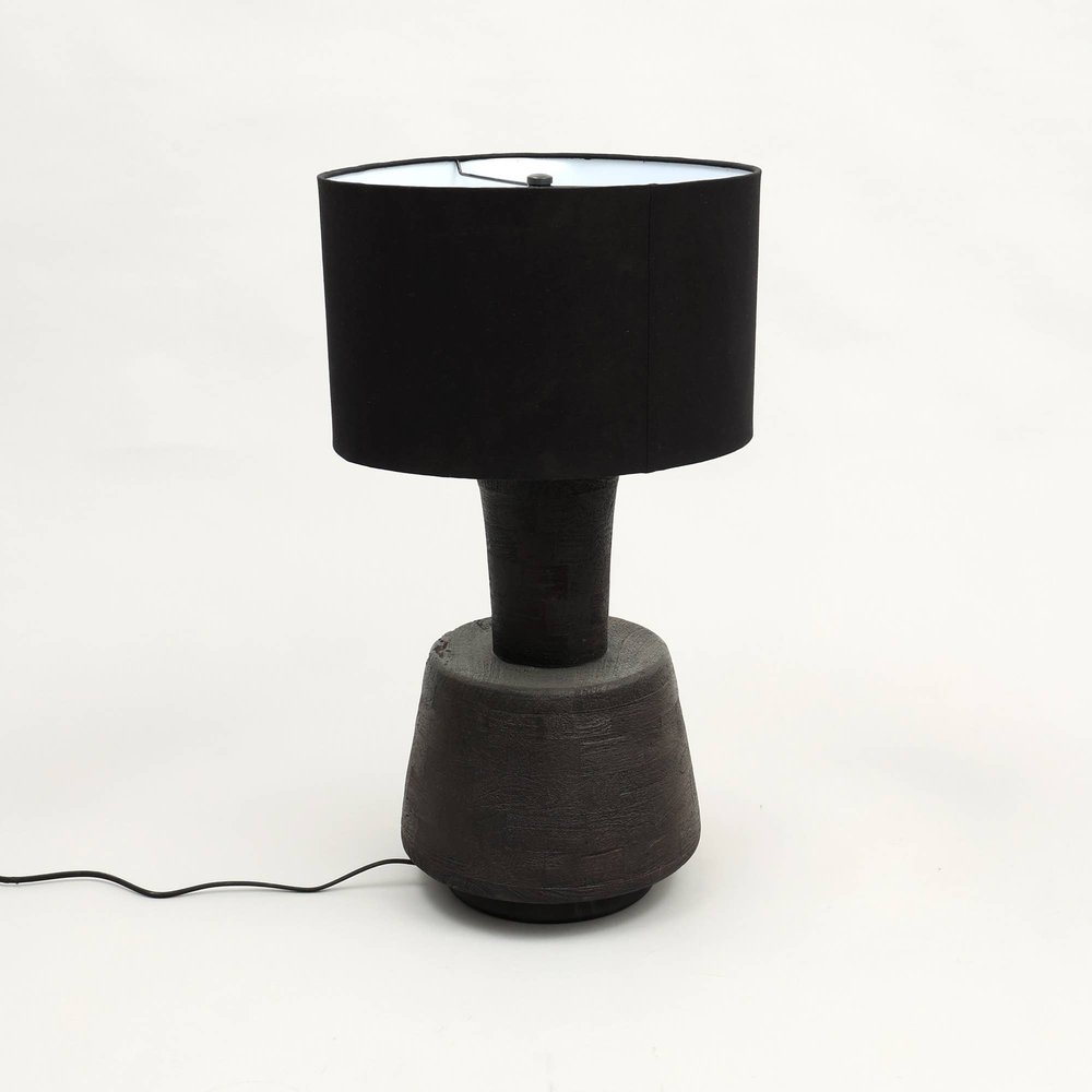 29" Distressed Black Solid Wood Urn Table Lamp With Black Drum Shade