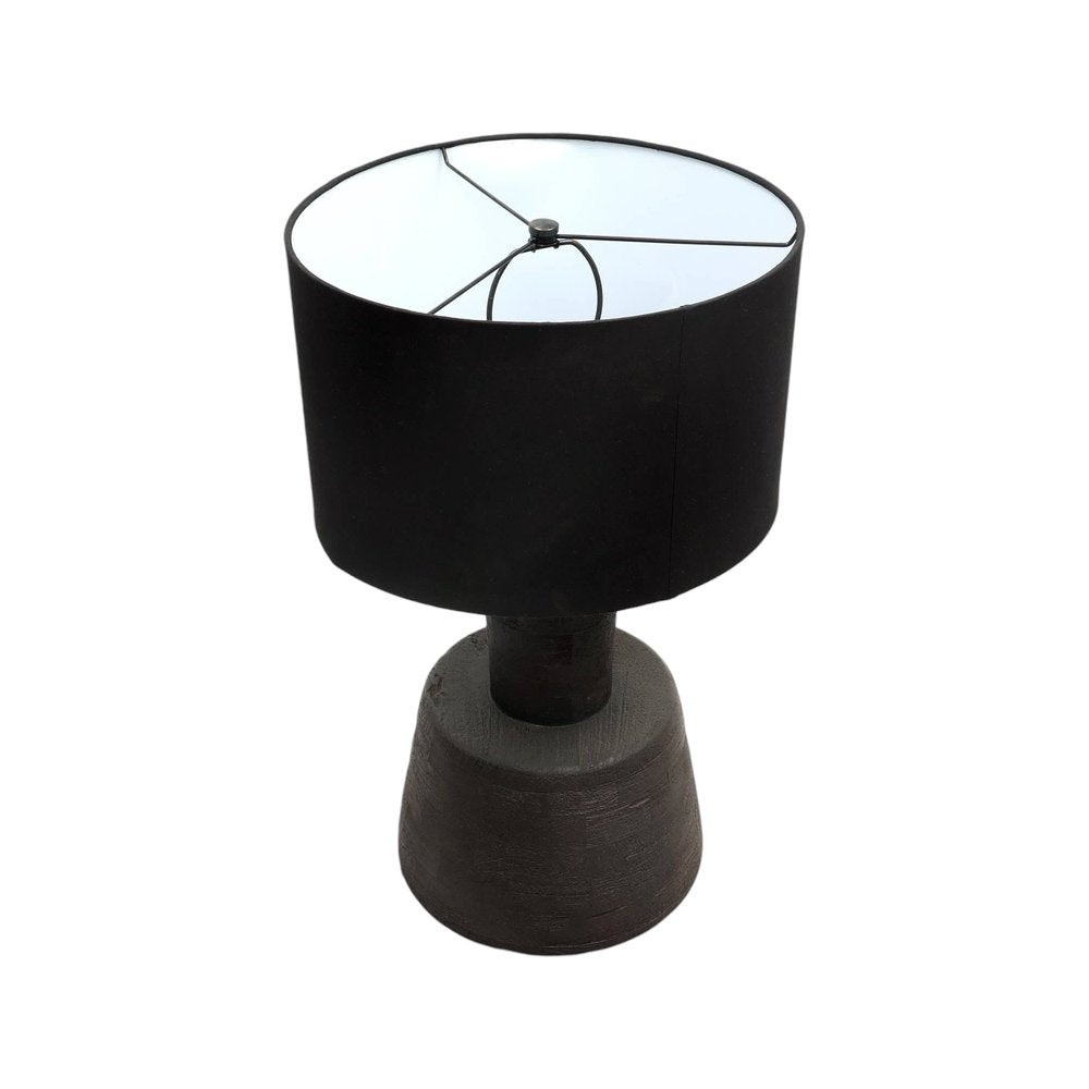 29" Distressed Black Solid Wood Urn Table Lamp With Black Drum Shade